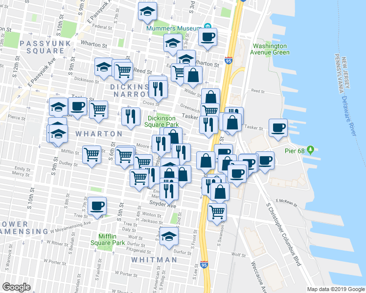 map of restaurants, bars, coffee shops, grocery stores, and more near 208 Moore Street in Philadelphia
