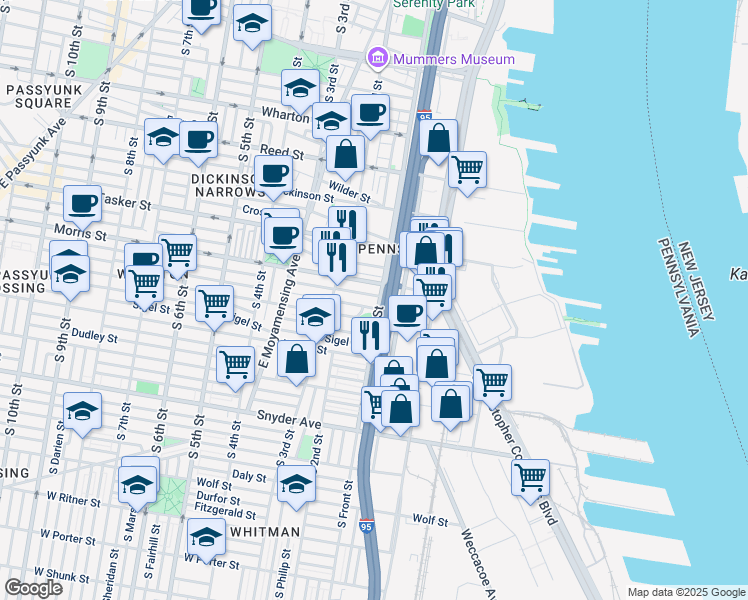 map of restaurants, bars, coffee shops, grocery stores, and more near 1716 South Front Street in Philadelphia