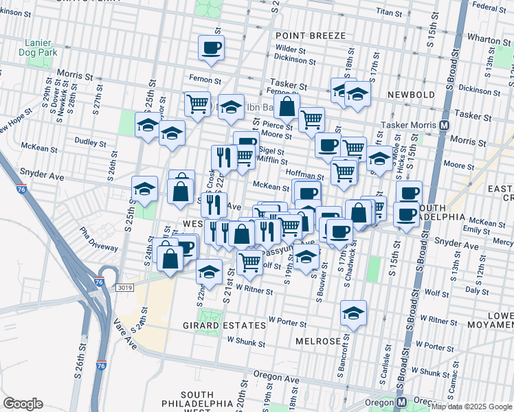 map of restaurants, bars, coffee shops, grocery stores, and more near 2035 Snyder Avenue in Philadelphia