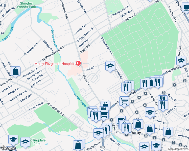map of restaurants, bars, coffee shops, grocery stores, and more near 54 Branford Rd in Darby