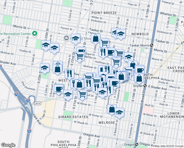 map of restaurants, bars, coffee shops, grocery stores, and more near 2031 South 20th Street in Philadelphia