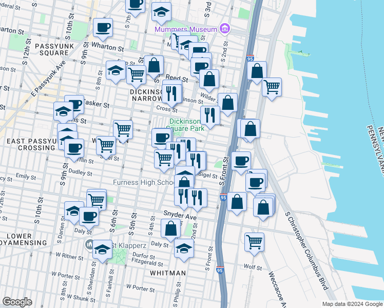 map of restaurants, bars, coffee shops, grocery stores, and more near 212 Pierce Street in Philadelphia