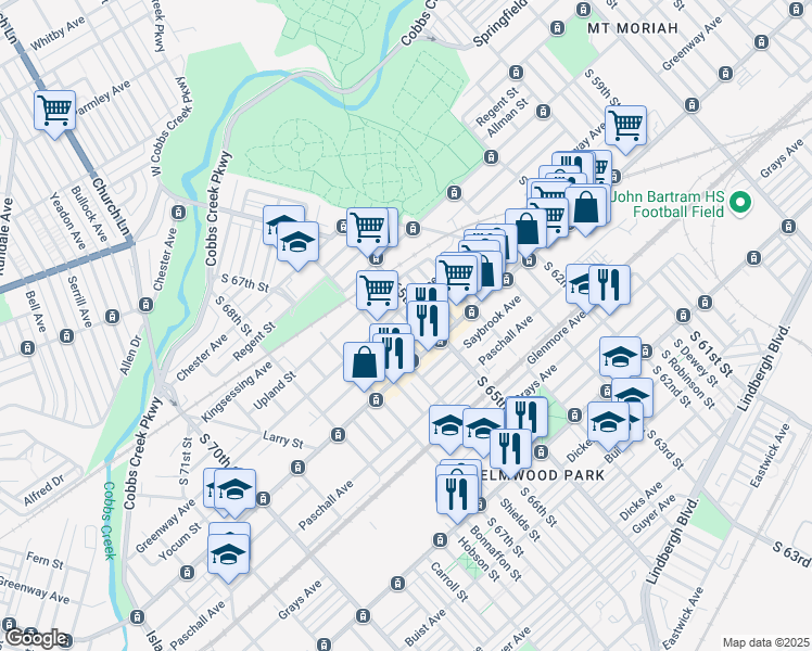 map of restaurants, bars, coffee shops, grocery stores, and more near 2116 South Daggett Street in Philadelphia