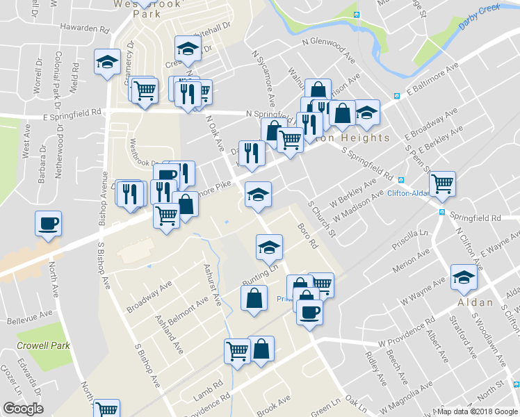map of restaurants, bars, coffee shops, grocery stores, and more near 266 West Washington Avenue in Clifton Heights