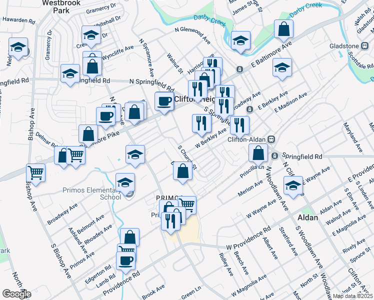 map of restaurants, bars, coffee shops, grocery stores, and more near 149 West Madison Avenue in Clifton Heights