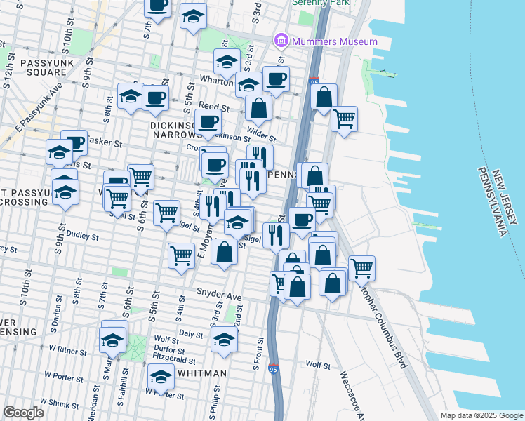 map of restaurants, bars, coffee shops, grocery stores, and more near 135 Pierce Street in Philadelphia