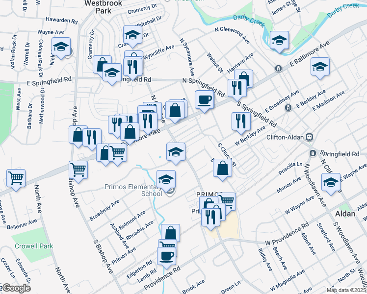 map of restaurants, bars, coffee shops, grocery stores, and more near 266 West Washington Avenue in Clifton Heights