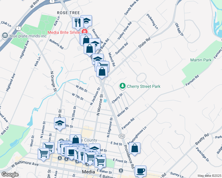 map of restaurants, bars, coffee shops, grocery stores, and more near 712 Summer Street in Media