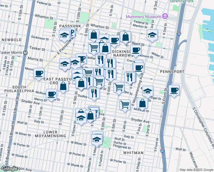 map of restaurants, bars, coffee shops, grocery stores, and more near 1826 South 6th Street in Philadelphia