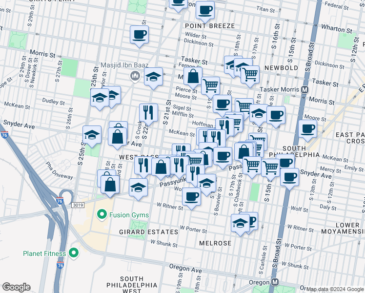 map of restaurants, bars, coffee shops, grocery stores, and more near 2000 Mercy Street in Philadelphia