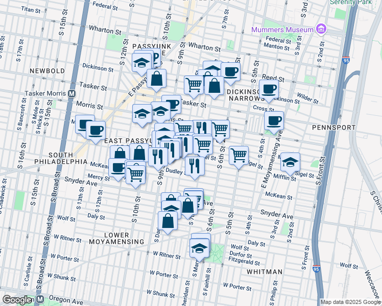 map of restaurants, bars, coffee shops, grocery stores, and more near 725 Sigel Street in Philadelphia