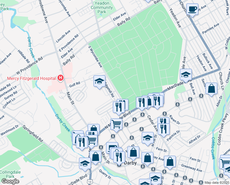 map of restaurants, bars, coffee shops, grocery stores, and more near 1254 Wycombe Avenue in Darby