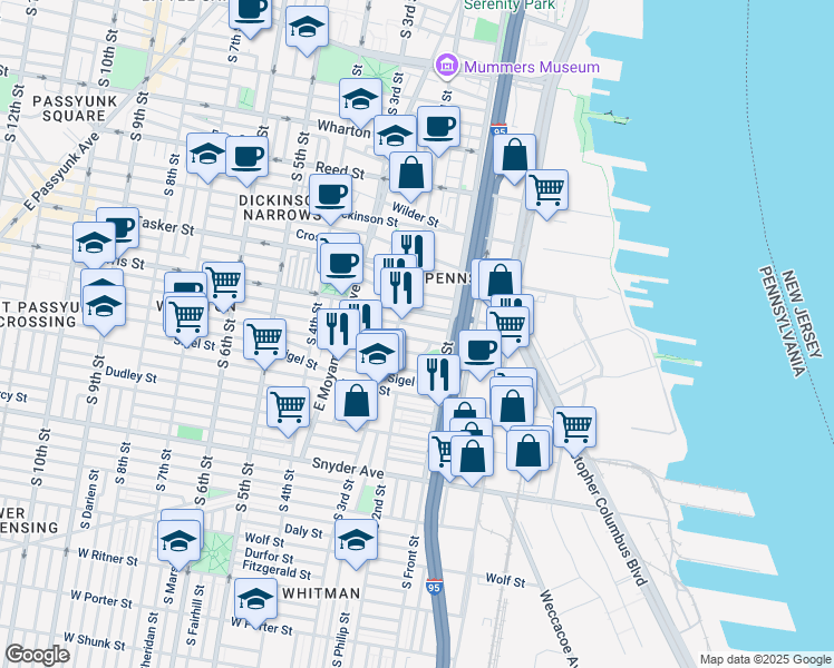 map of restaurants, bars, coffee shops, grocery stores, and more near 135 Pierce Street in Philadelphia