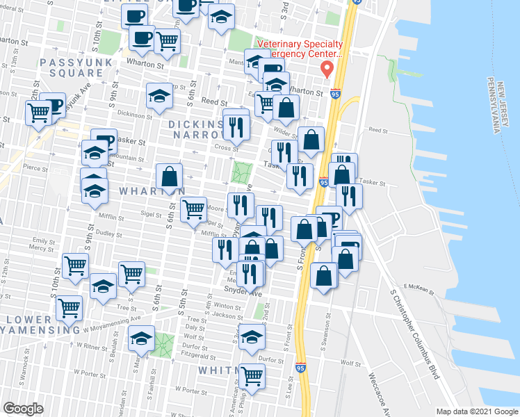 map of restaurants, bars, coffee shops, grocery stores, and more near 220 Pierce Street in Philadelphia