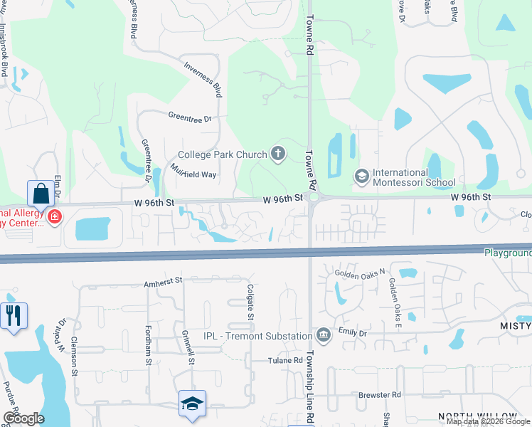 map of restaurants, bars, coffee shops, grocery stores, and more near 2450 Chaseway Court in Indianapolis