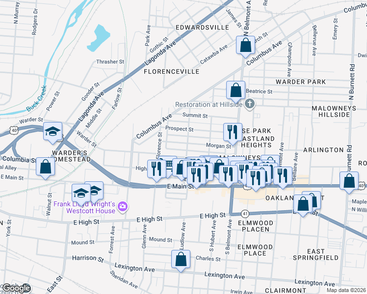 map of restaurants, bars, coffee shops, grocery stores, and more near 1622 Warder Street in Springfield