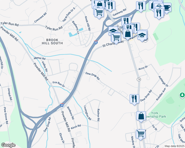 map of restaurants, bars, coffee shops, grocery stores, and more near 183A Dew Drop Road in York