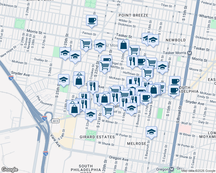 map of restaurants, bars, coffee shops, grocery stores, and more near 2104 South Woodstock Street in Philadelphia