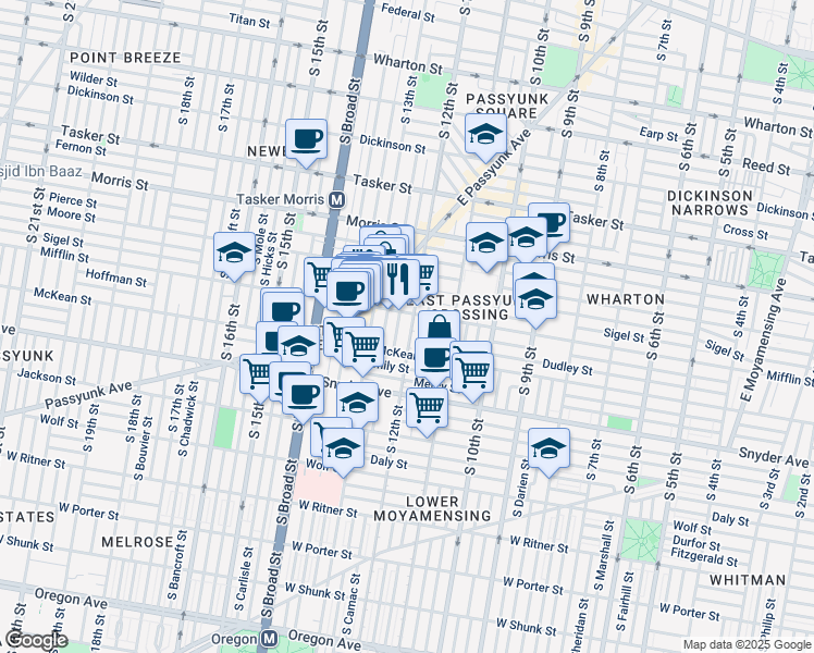 map of restaurants, bars, coffee shops, grocery stores, and more near 1914 South 12th Street in Philadelphia