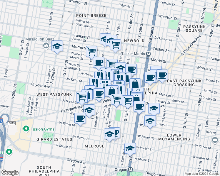 map of restaurants, bars, coffee shops, grocery stores, and more near 2007 South 17th Street in Philadelphia