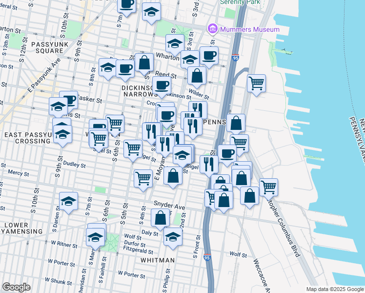 map of restaurants, bars, coffee shops, grocery stores, and more near 204 Pierce St in Philadelphia
