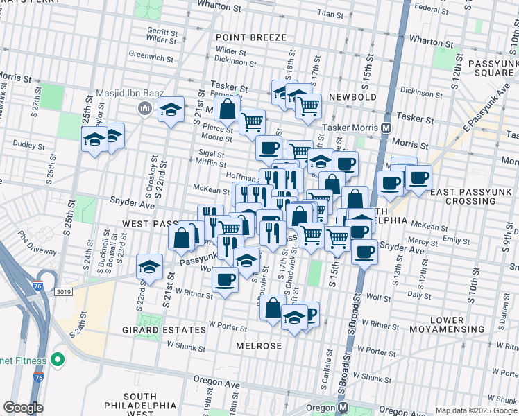 map of restaurants, bars, coffee shops, grocery stores, and more near 2021 South Cleveland Street in Philadelphia