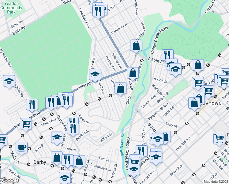 map of restaurants, bars, coffee shops, grocery stores, and more near in Yeadon
