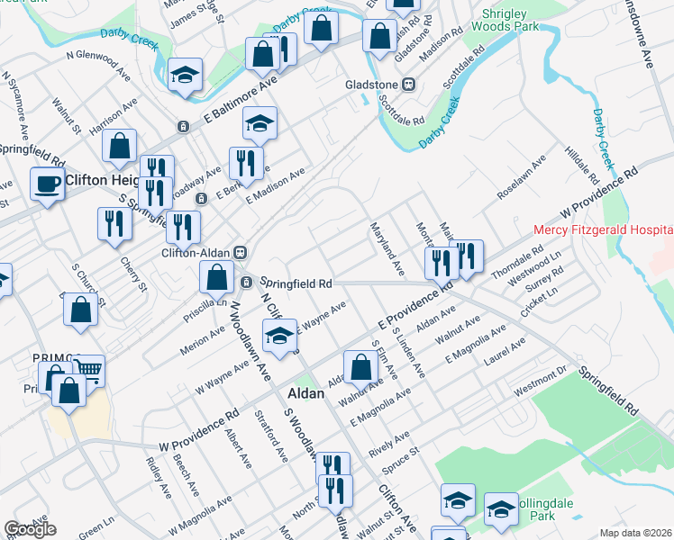 map of restaurants, bars, coffee shops, grocery stores, and more near 47 North Elm Avenue in Aldan