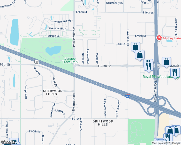 map of restaurants, bars, coffee shops, grocery stores, and more near 9530 Kerwood Drive in Indianapolis