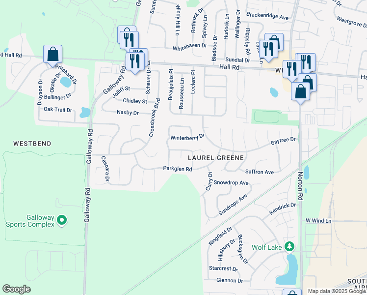 map of restaurants, bars, coffee shops, grocery stores, and more near 6002 Fringetree Drive in Galloway