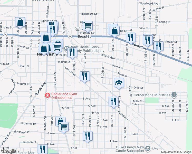 map of restaurants, bars, coffee shops, grocery stores, and more near 600 S 18th St in New Castle