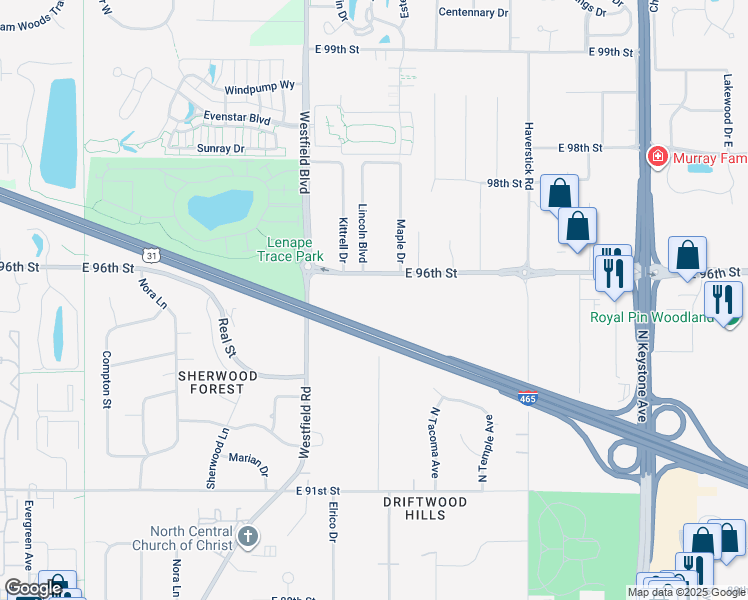 map of restaurants, bars, coffee shops, grocery stores, and more near 9530 Kerwood Drive in Indianapolis