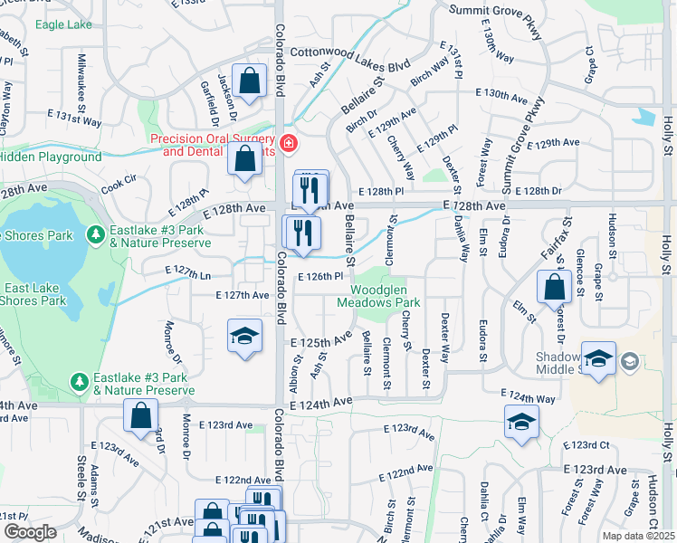 map of restaurants, bars, coffee shops, grocery stores, and more near 4293 East 126th Avenue in Thornton