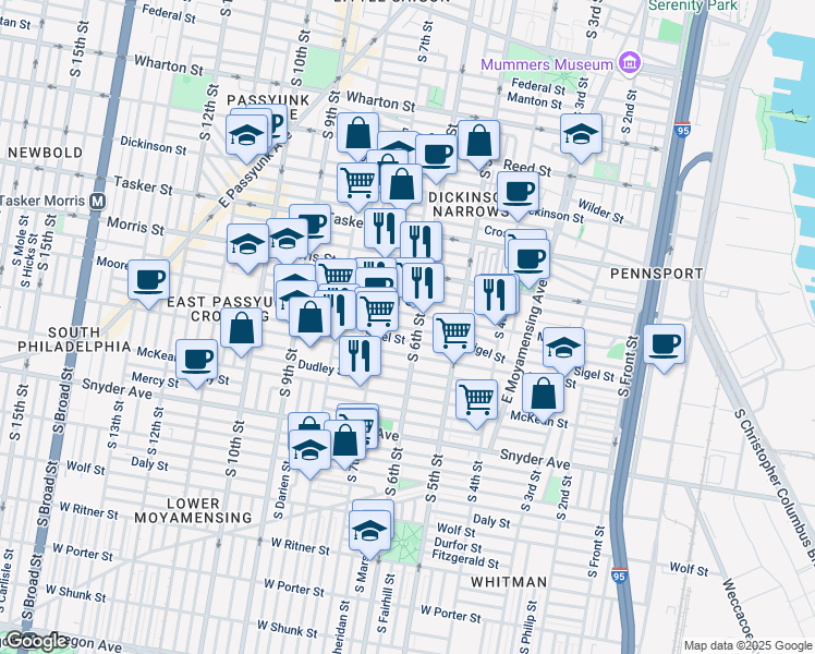 map of restaurants, bars, coffee shops, grocery stores, and more near 1826 South 6th Street in Philadelphia