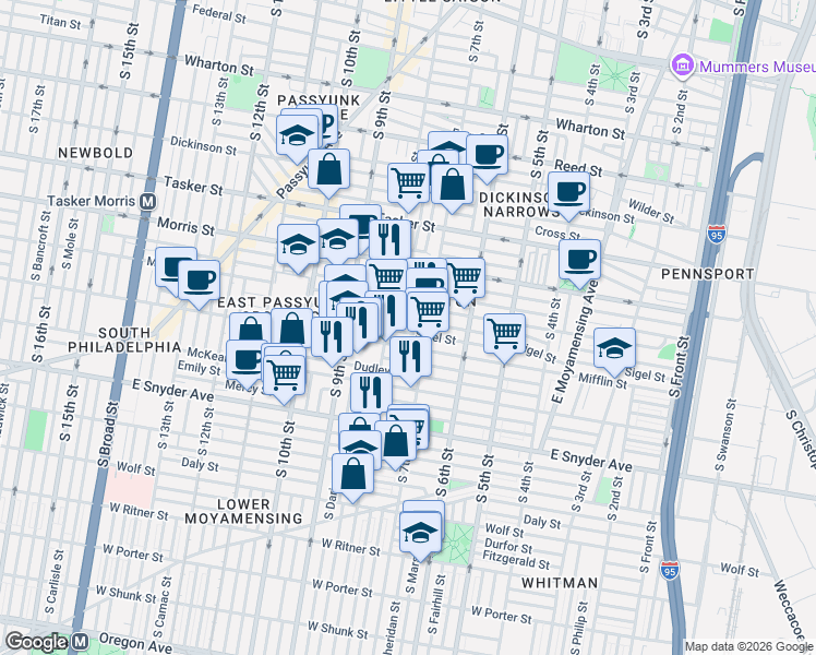 map of restaurants, bars, coffee shops, grocery stores, and more near 736 Mifflin Street in Philadelphia