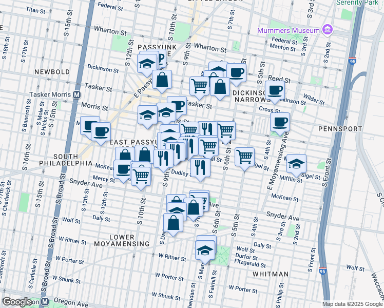map of restaurants, bars, coffee shops, grocery stores, and more near 736 Mifflin Street in Philadelphia