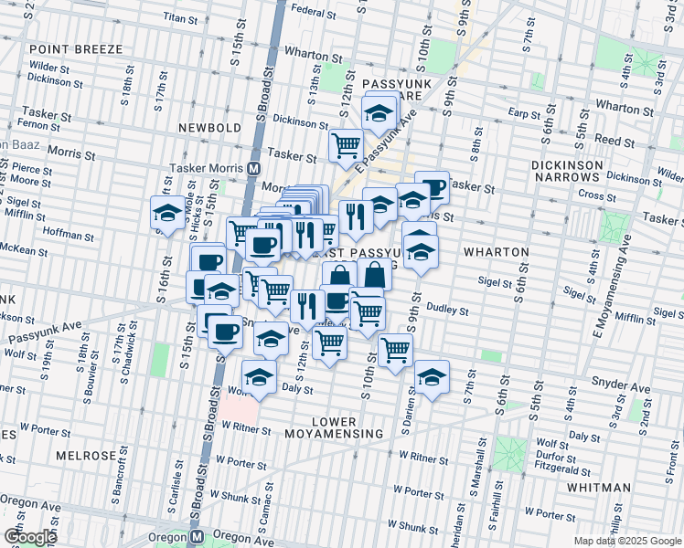 map of restaurants, bars, coffee shops, grocery stores, and more near 1927 South Sartain Street in Philadelphia