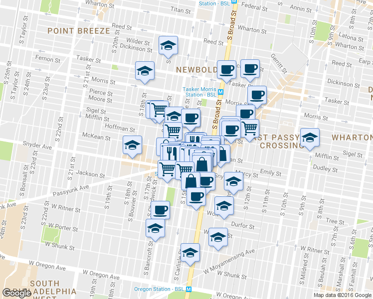map of restaurants, bars, coffee shops, grocery stores, and more near 2009 South 15th Street in Philadelphia