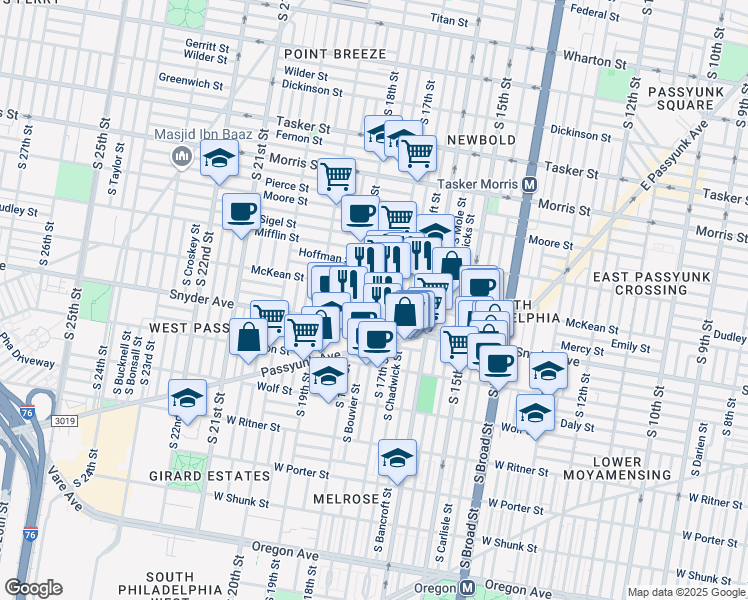 map of restaurants, bars, coffee shops, grocery stores, and more near 2038 South Bouvier Street in Philadelphia
