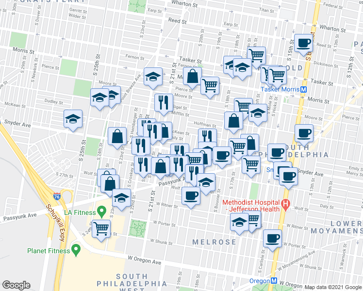 map of restaurants, bars, coffee shops, grocery stores, and more near 2104 South Woodstock Street in Philadelphia