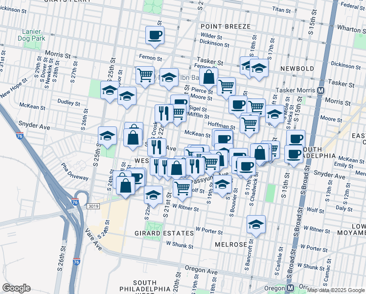 map of restaurants, bars, coffee shops, grocery stores, and more near 2104 South Woodstock Street in Philadelphia