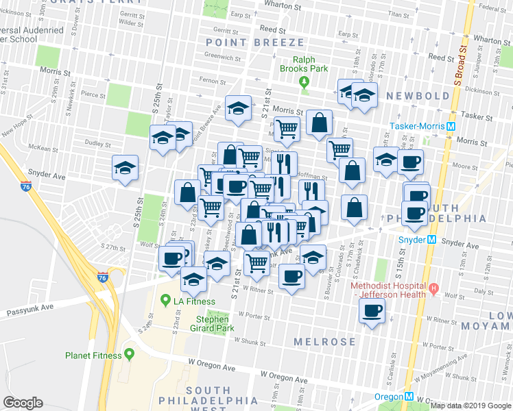 map of restaurants, bars, coffee shops, grocery stores, and more near 2104 South Woodstock Street in Philadelphia