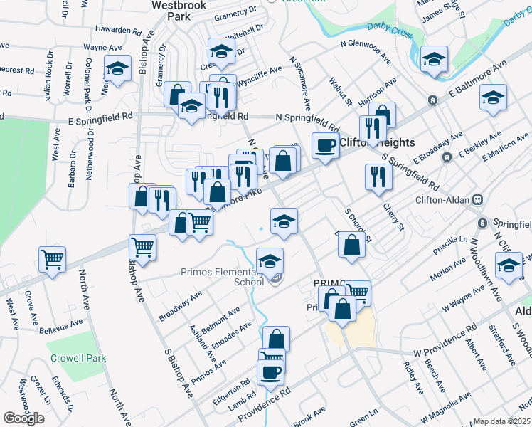 map of restaurants, bars, coffee shops, grocery stores, and more near 50 South Oak Avenue in Delaware County