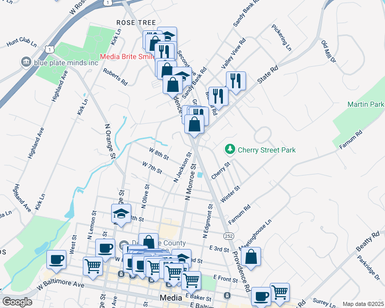 map of restaurants, bars, coffee shops, grocery stores, and more near 755 North Monroe Street in Media