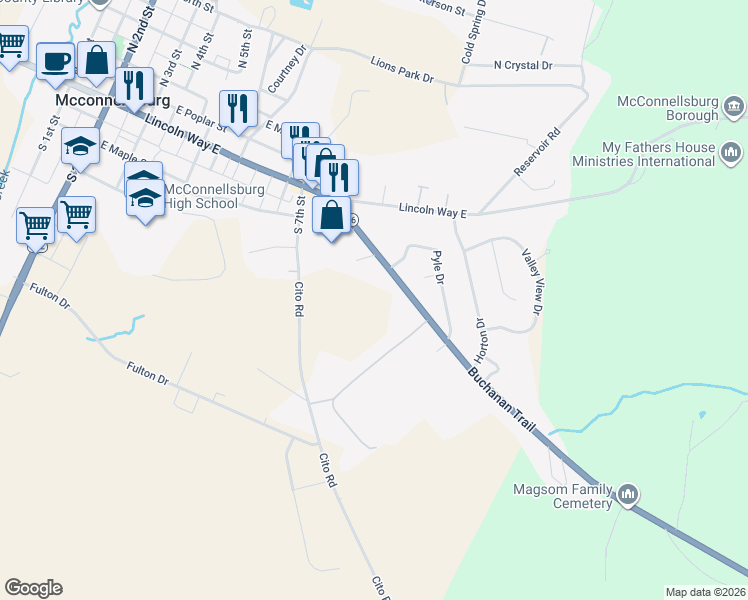 map of restaurants, bars, coffee shops, grocery stores, and more near 354 Buchanan Trail in McConnellsburg