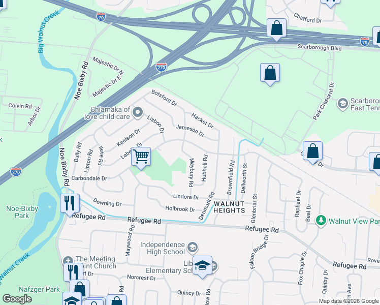 map of restaurants, bars, coffee shops, grocery stores, and more near 2575 Maybury Road in Columbus
