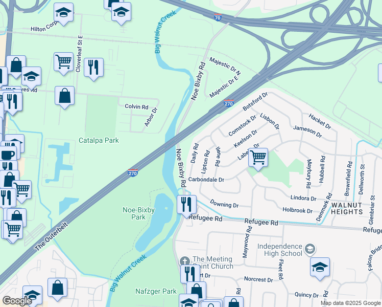 map of restaurants, bars, coffee shops, grocery stores, and more near 2511 Lipton Road in Columbus