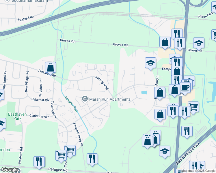 map of restaurants, bars, coffee shops, grocery stores, and more near 3896 Petzinger Road in Columbus
