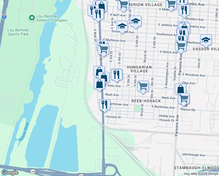 map of restaurants, bars, coffee shops, grocery stores, and more near 14 Reeb Avenue in Columbus