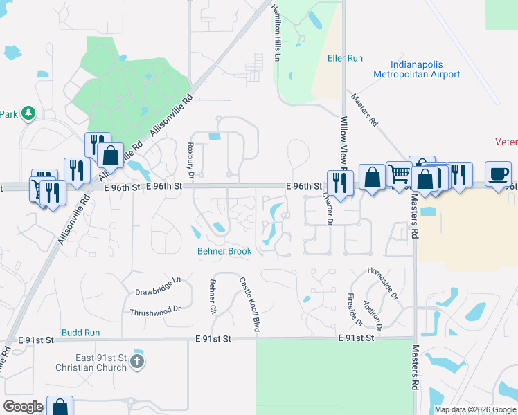 map of restaurants, bars, coffee shops, grocery stores, and more near 6455 Bayside Way in Indianapolis